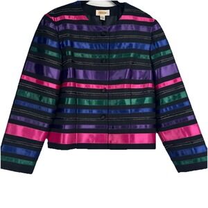 Talbots Ribbon Cropped Jacket Size 12 Black Rainbow Jewel Tone Dopamine Office